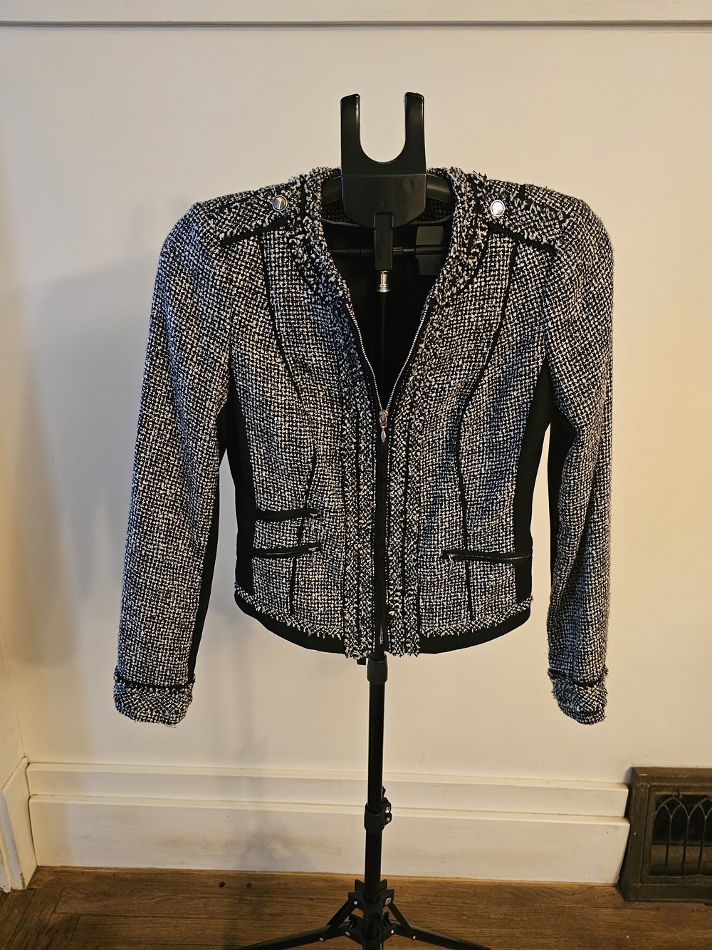 White House Black Market Black & White Tweed Zip-Front Jacket